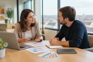 Consultante et entrepreneur échangent autour d’un projet de communication dans un bureau lumineux à Dijon.