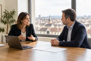 Deux professionnels échangent dans une salle de réunion lumineuse d’une agence de communication à Dijon, avec un paysage bourguignon visible par la fenêtre.